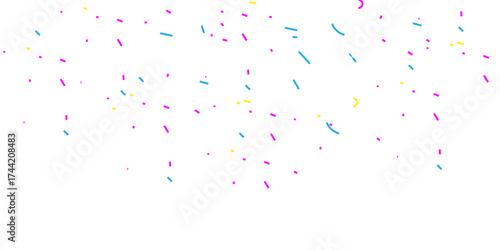 Scattered confetti in shades of pink blue and yellow  and magenta falling on a white background for a festive look