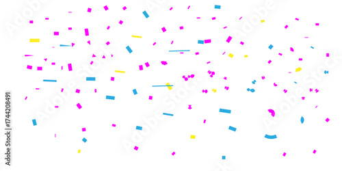 Scattered confetti in shades of pink blue and yellow  and magenta falling on a white background for a festive look