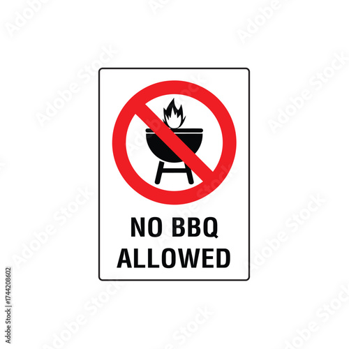 No BBQ Allowed Prohibitive Symbol Sign Vector Illustration for Fire Safety and Outdoor Regulation.