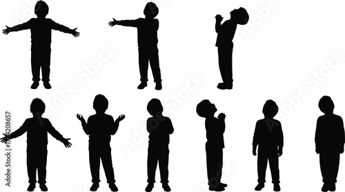 Silhouette children in various expressive poses standing together, playful kids body language, childhood gesture concept, happiness, freedom, creativity, fun, innocence