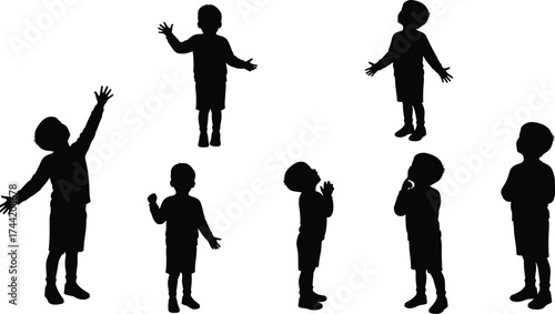 Silhouette child body language poses, emotional expression, praying, thinking, reaching upward, standing, gesture illustration, nonverbal communication, childhood posture, artistic vector design