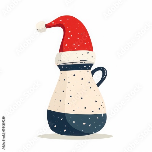 Cute simple speckled ceramic vase or jug wearing Santa hat, white background, Scandinavian style, minimal flat illustration. Christmas branding, ceramics, cafe decor, eco handmade, holiday pottery.