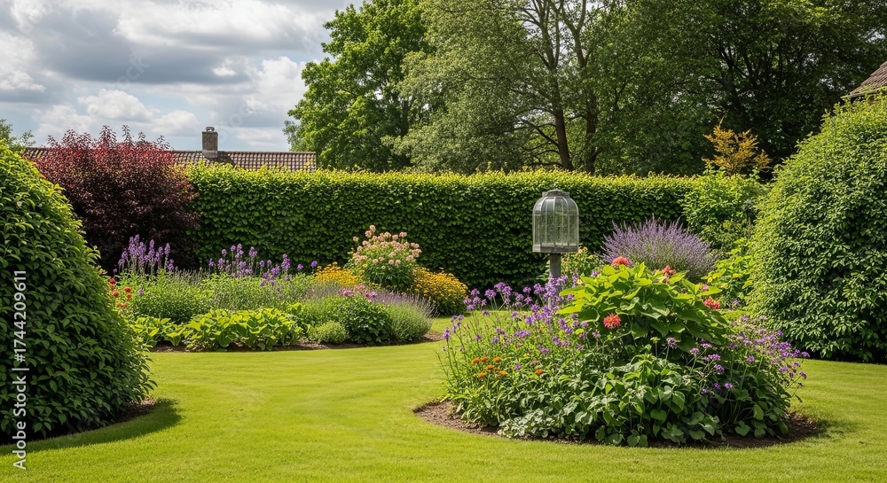Fototapeta premium Exquisite Garden View Manicured Lawn, Lush Bushes & Blossoming Flowers Under a Cloudy Sky