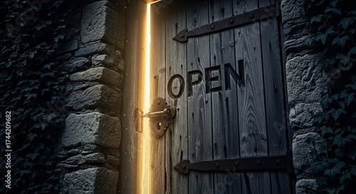 Golden light spills from a weathered wooden door marked 'OPEN', inviting exploration into a world of hidden secrets and possibilities, symbolizing new beginnings