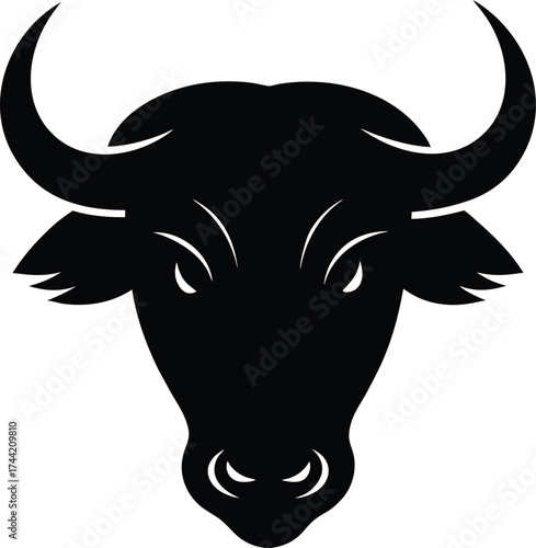 A cute cartoon bull head with horns, a vector illustration of a farm animal for agriculture and livestock drawing art