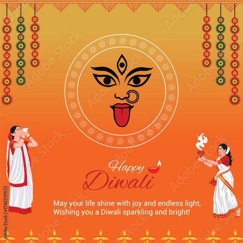 Happy Diwali Festival Background with Goddess Illustration, Traditional Women, Diyas, and Decorative Floral Elements