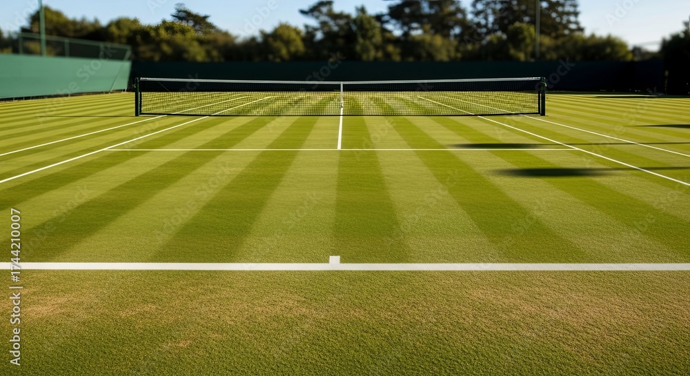Fototapeta premium A perfectly maintained green grass tennis court, showcasing its crisp white lines and a taut net under natural daylight, ready for an energetic game