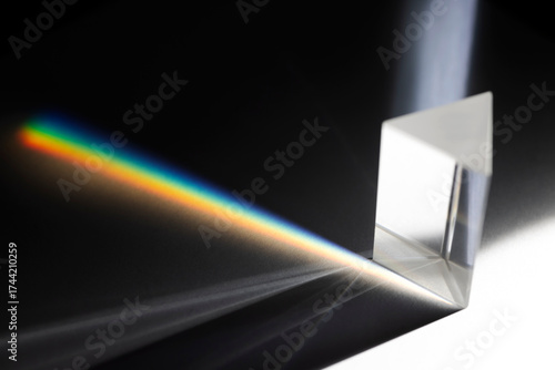 Triangular Prism dispersing sun beam splitting into a spectrum on white background