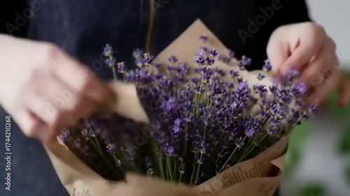 Hands holding lavender bouquet.