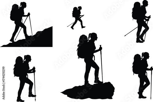 Silhouette hiker trekking with backpack and poles, outdoor mountain adventure poses, walking exploration, climbing activity, travel journey, nature hiking vector illustration