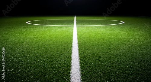 Green athletic field with crisp white center line and circle under dramatic stadium spotlight, ready for intense competitive sports action