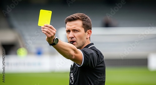 A focused male soccer referee decisively displays a yellow card to a player during a competitive match on a green field under natural light, enforcing game rules