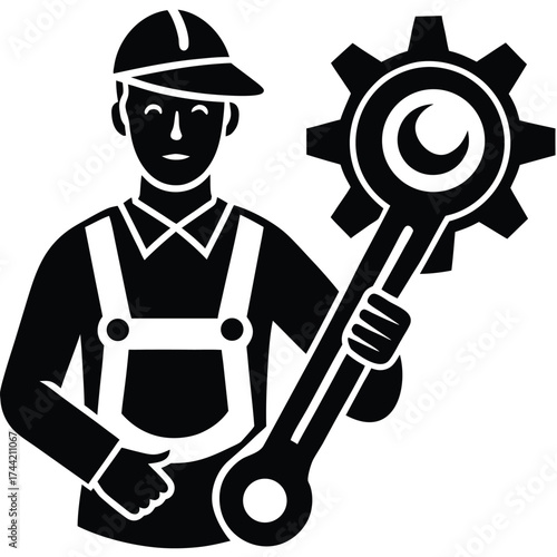 Black silhouette of a mechanic holding a large wrench and gear Keywords: mechanic, worker, repairman