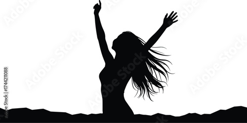 Silhouette of woman with raised arms and flowing hair standing on rocky ground, expressive vector art symbolizing freedom, strength, celebration, nature