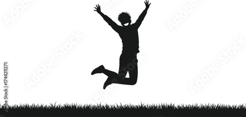 Silhouette of joyful person jumping high in air with raised arms over grass field symbolizing freedom happiness energy success celebration outdoors