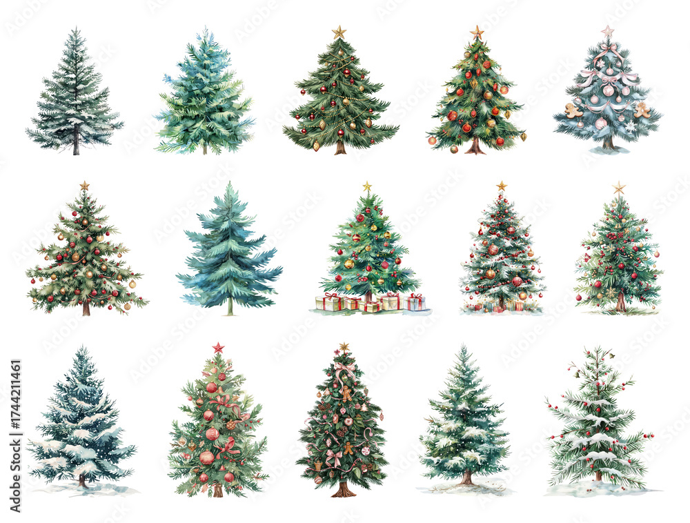 Obraz premium PNG Festive evergreen trees beautifully decorated, element set on transparent background