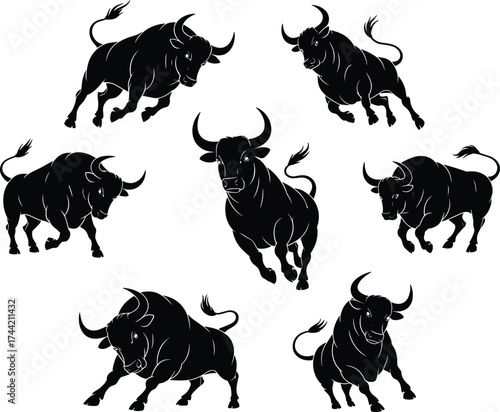 Bull silhouette illustration, dynamic animal pose, black vector icon, muscular bull art, aggressive stance, circular layout, power, strength, symbol