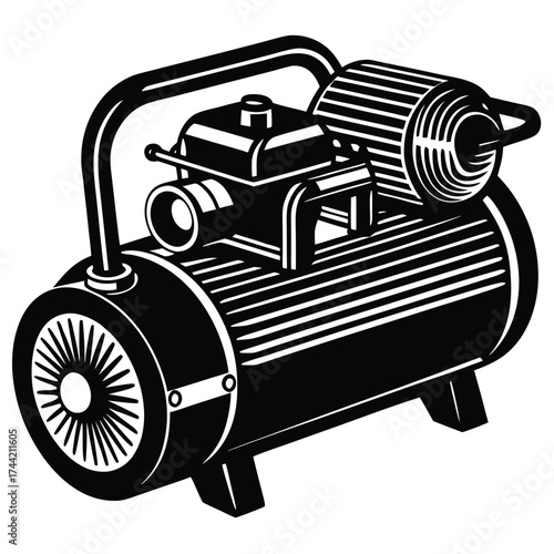 Black Silhouette of a Portable Air Compressor with Handle Keywords: air compressor, portable, industrial