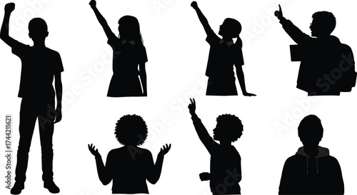 Silhouette students raising hands classroom participation young people education learning vector illustration group discussion inquiry engagement school posture design