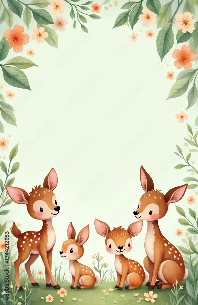 Naklejka premium Three cute deer stand, sit in green meadow with flowers. Two baby fawns relax one larger deer observes. Floral frame with leaves, blossoms decorates top blank space. Soft watercolor illustration