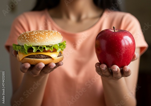 Woman holding a hamburger and an apple making a food choice.
