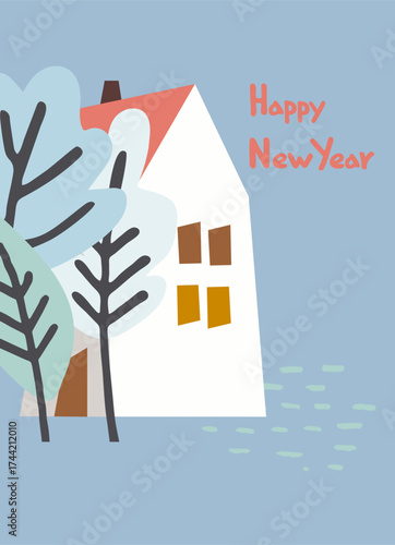 Merry Christmas greeting card template. Minimalistic design with country house, stylized trees, snow and hand-lettered greeting phrase on blue background