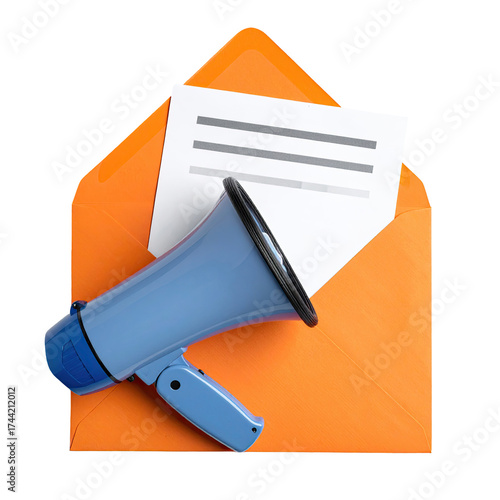 A vibrant orange envelope reveals a document and a blue megaphone, promoting a message