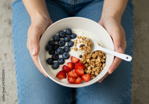 Woman holding a healthy breakfast bowl with yogurt granola and berries.
