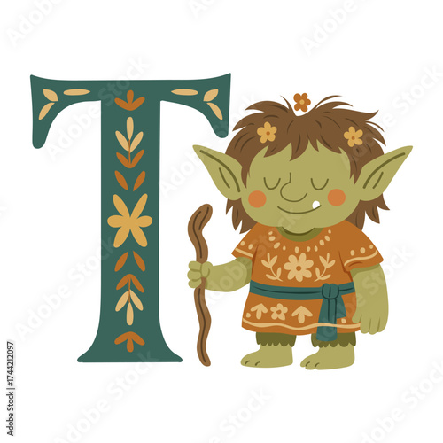 Friendly troll with floral Letter T   whimsical folk style vector for alphabet learning, nursery posters, personalized prints, children’s books, flashcards, emblems, and fairytale themed classroom 