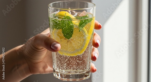 Woman holding a refreshing glass of sparkling water with lemon and mint.