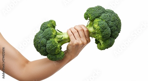 Womans arm holding a fresh green broccoli dumbbell on a white background.