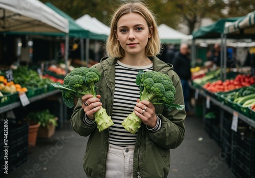 Young Blonde Woman Holding Fresh Broccoli at an Outdoor Farmers Market.