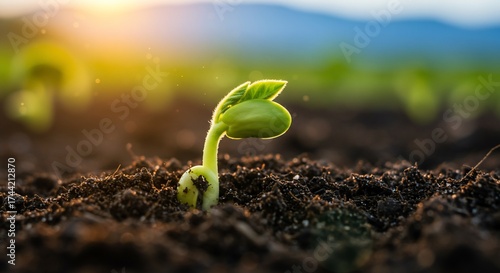 Young green plant sprout growing from soil with sunrise light.