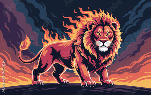 Majestic lion with fiery mane standing against a dramatic sky