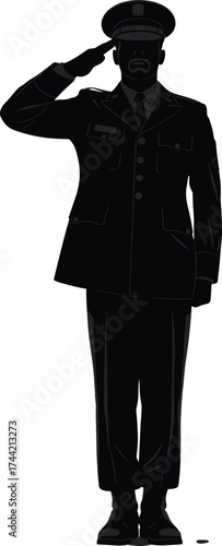 Military salute silhouette, formal uniform, peaked cap, soldier respect, discipline posture, black and white, armed forces tribute, patriotic honor, service gesture
