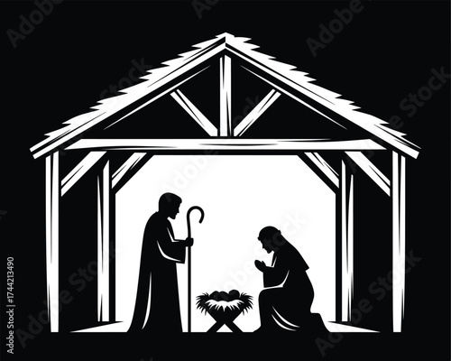 Nativity scene silhouette, Christmas stable illustration, holy family vector, religious birth art, black and white manger, Christian holiday design