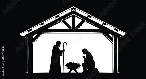 Nativity scene silhouette, Christmas manger illustration, holy family in stable, religious artwork, black and white vector, Christian holiday design