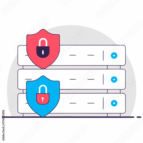 Data server with shield and lock representing security measures