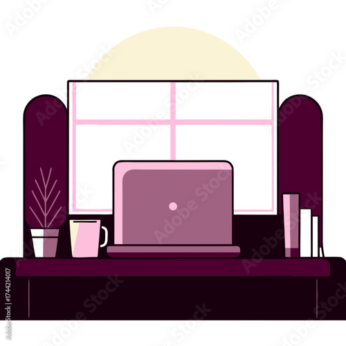Laptop on desk with coffee cup and plant near a window