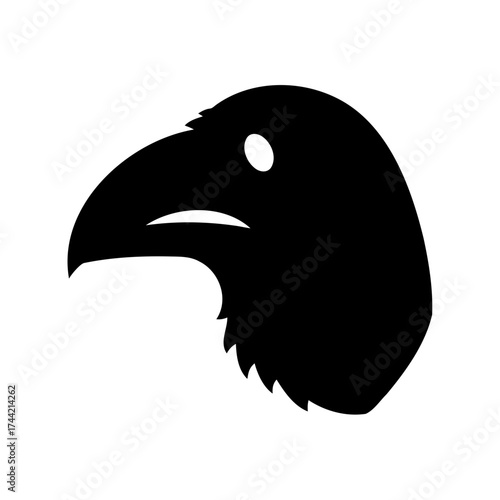 Silhouette of a bird's head with a large beak and white eye