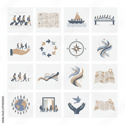 Migration and Journey Vector Icon Set: Hope, Immigration, and Refugee Symbols
