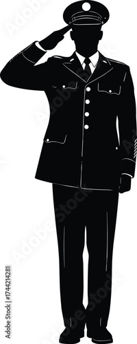 Military salute silhouette, formal uniform, peaked cap, respect, discipline, soldier pose, black and white, service tribute, armed forces honor