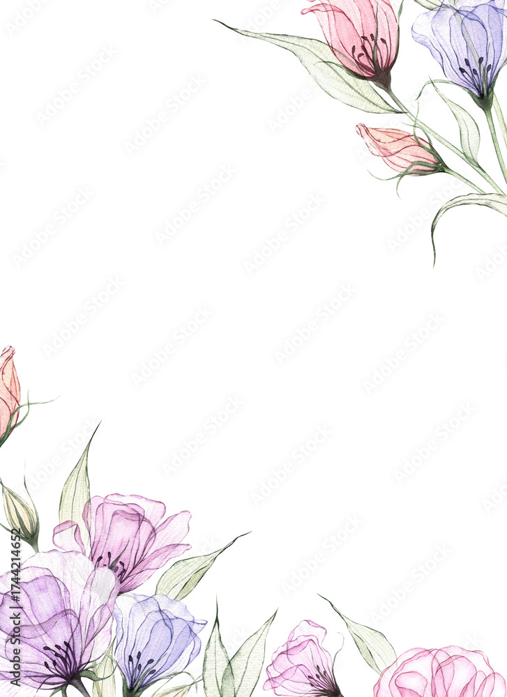 Naklejka premium Gentle eustoma flowers frame isolated on white. Watercolor hand drawn botanical illustration. Violet, pink, lilac transparent lisianthus and green leaves in pastel colors. Floral design for cards.