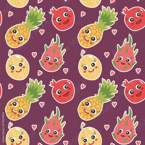 Vector seamless pattern with cute kawaii fruit characters. Colorful smiling pineapple, dragon fruits, melon. Cartoon doodle style design perfect for children's products, prints and clipart.