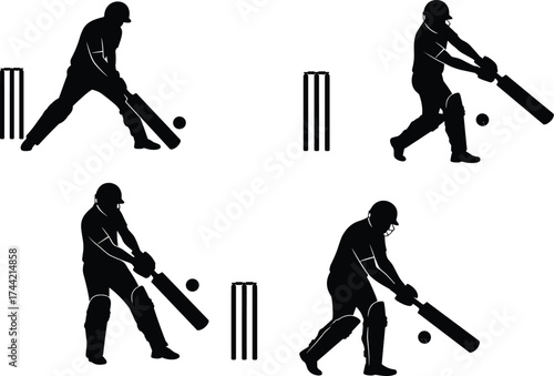 Silhouette vector illustration of cricket players batting with stumps and ball in multiple action poses, sports training concept, black design icons artwork