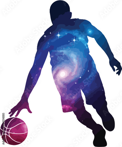 Cosmic basketball player dribbling with galaxy design adds dynamic energy to your sports creative projects and branding with a unique and stylish edge
