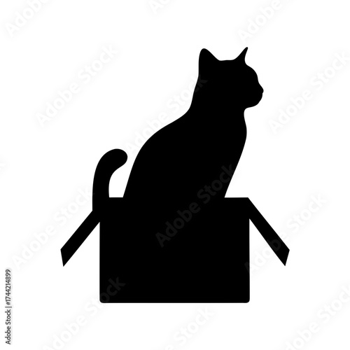 Silhouette of a regal cat sitting comfortably inside of a cardboard box