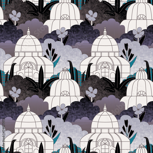 Garden tapestry with floral greenhouse design. Decorative botanical pattern, lush foliage and blooming flowers illustration for fabric and textile themes.