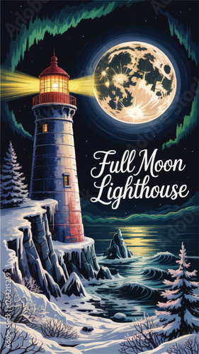 Magical Winter Lighthouse on Rocky Coast with Full Moon, Northern Lights, and Snowy Landscape – Nighttime Digital Illustration Art
