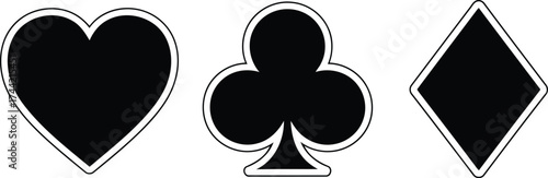 Three black playing card suits heart club diamond isolated